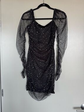 New Black Mesh Sparkle Long-Sleeve Ruched Dress